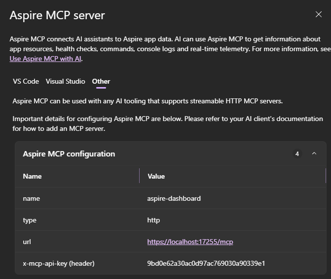Aspire MCP server configuration information