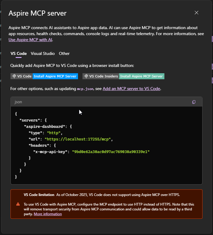 Aspire MCP dialog with server information