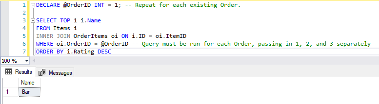 Screenshot: Fetching the highest-rated Order one at a time