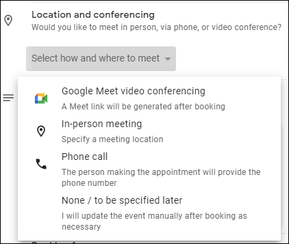 Location and conferencing options include Google Meet, In-person, phone call, and None/to be specified later