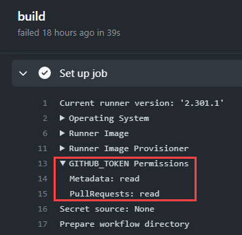 Screenshot of the &lsquo;Set up job&rsquo; step from the GitHub Actions workflow. The GITHUB_TOKEN permissions are highlighted. Metadata and PullRequests are marked as &lsquo;read&rsquo;.